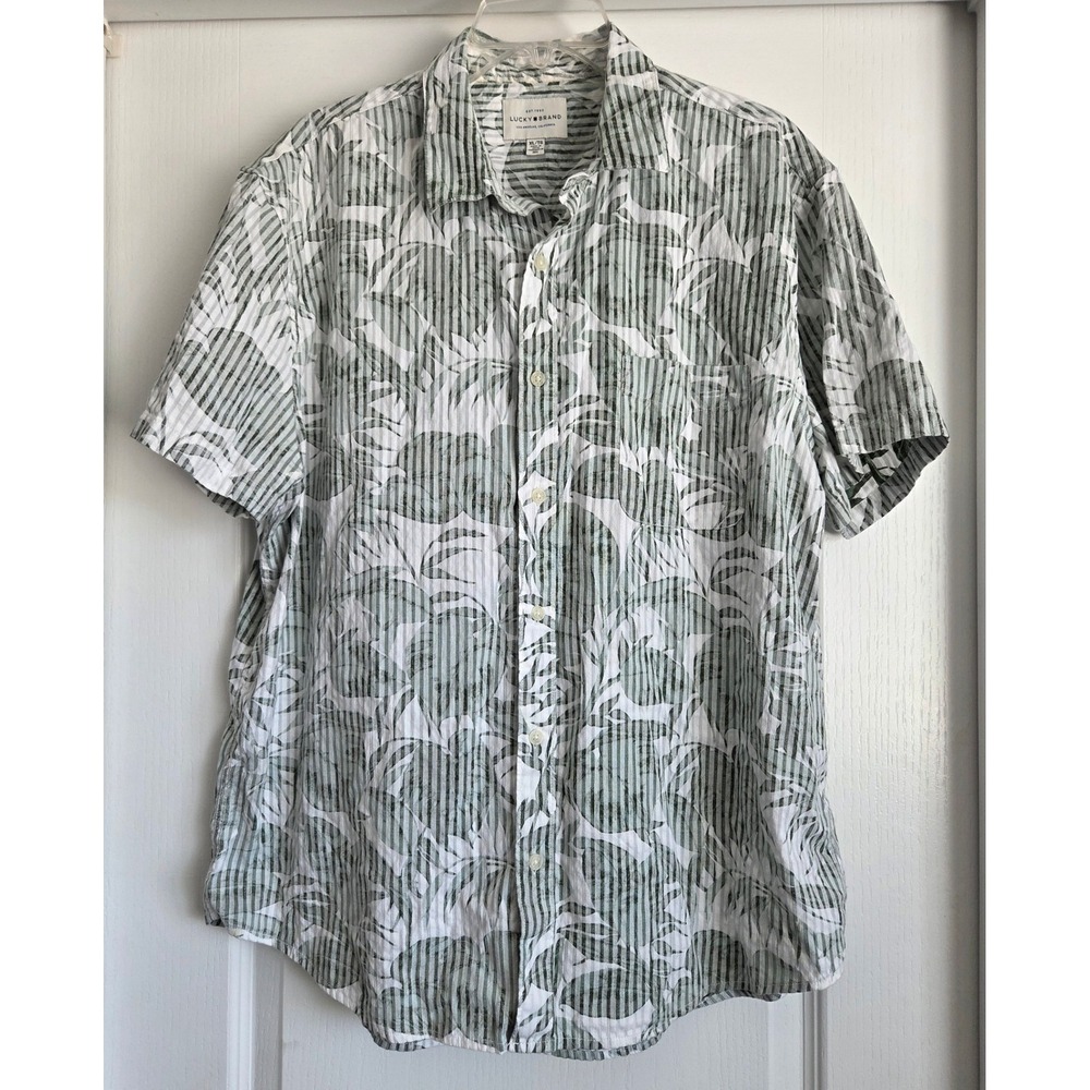 Lucky Brand Reverse Fabric Tropical Leaf Stripe Shrt Sleeve Button Top Men Sz XL